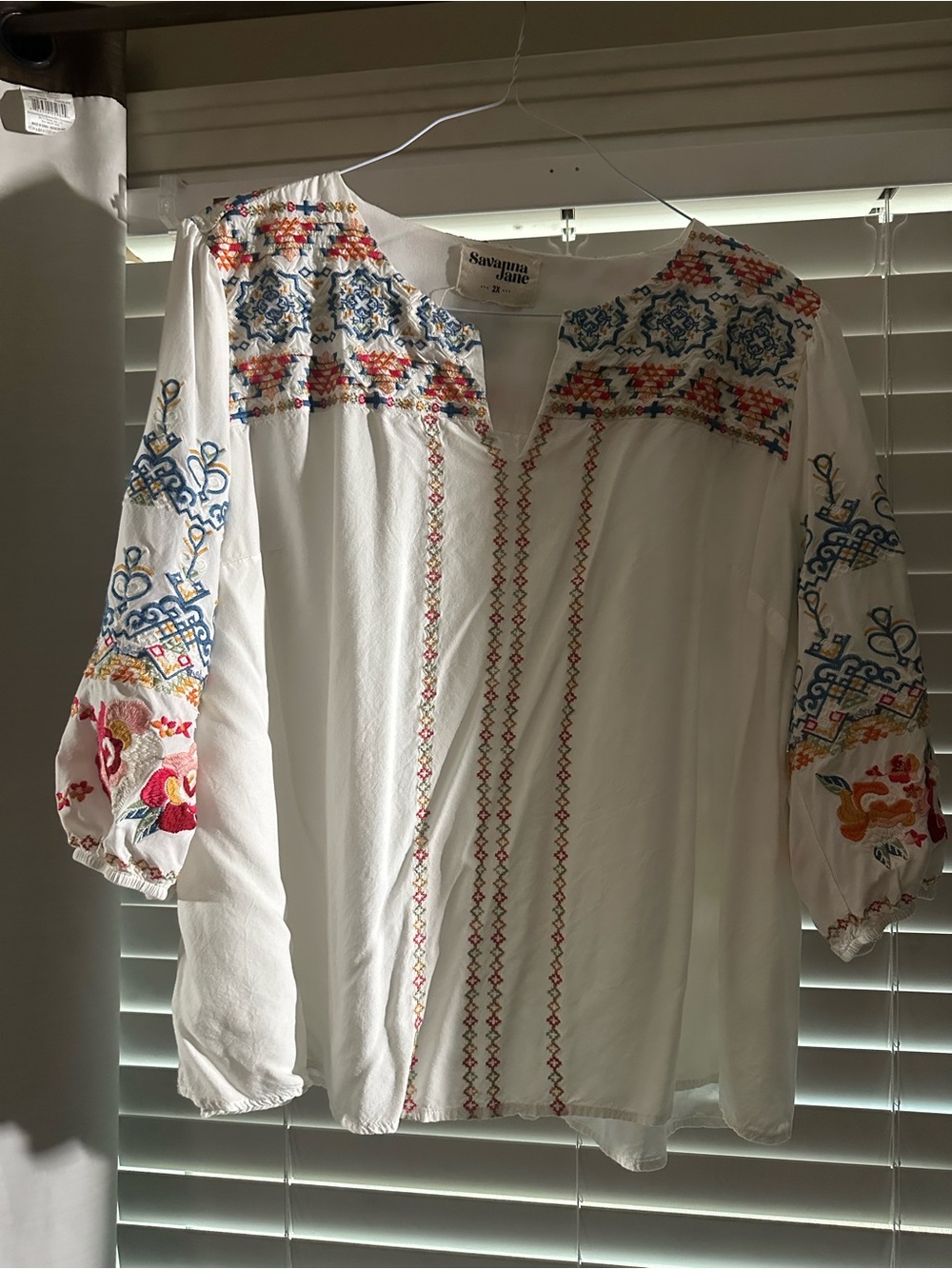 Savanna Jane White Embroidered Boho Blouse with Multicolor Stitching
